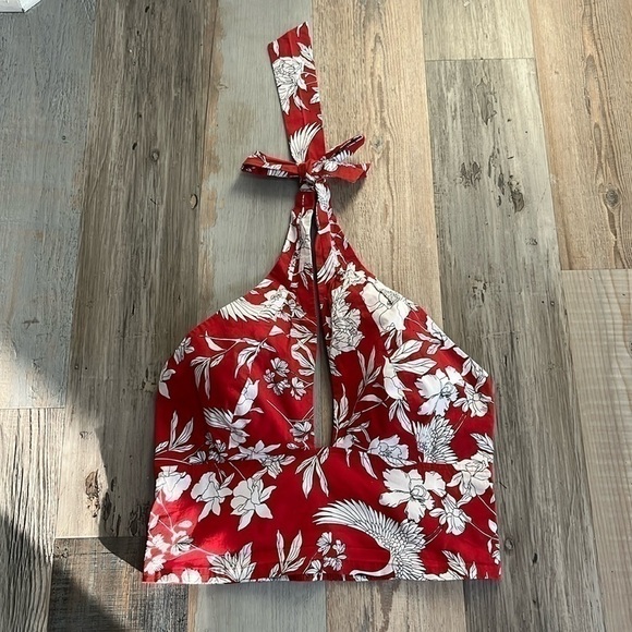 EXPRESS  Red White Floral Smocked Halter Top Size Medium - Picture 1 of 9